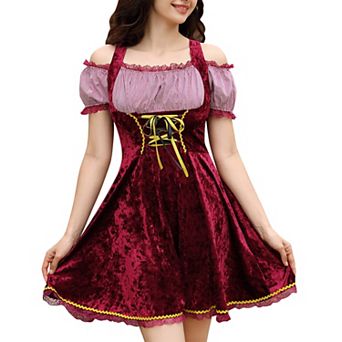 Women's Cold Shoulder Knee length Oktoberfest Dirndl Dress for Beer Festival Cosplay Party