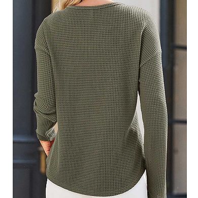Women's Waffle Knit Solid Color Loose Long Sleeve V-Neck Top with Pocket, Casual Tunic Blouse