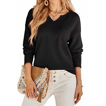 Women's Waffle Knit Solid Color Loose Long Sleeve V-Neck Top with Pocket, Casual Tunic Blouse