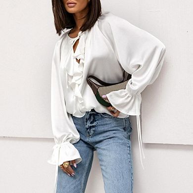 Women's Blouse Satin Ruffle Blouse Tie Neck Bishop Sleeves Elegant Long Sleeve Top