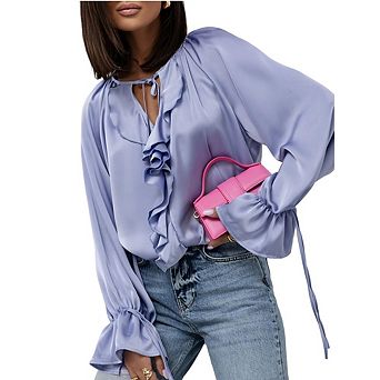 Women's Blouse Satin Ruffle Blouse Tie Neck Bishop Sleeves Elegant Long Sleeve Top