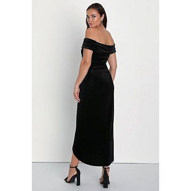 Women's Velvet Midi off-the-shoulder Evening Dress with Slit Hem Dress
