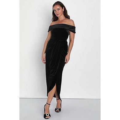 Women's Velvet Midi off-the-shoulder Evening Dress with Slit Hem Dress