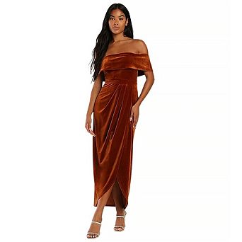 Women's Velvet Midi off-the-shoulder Evening Dress with Slit Hem Dress