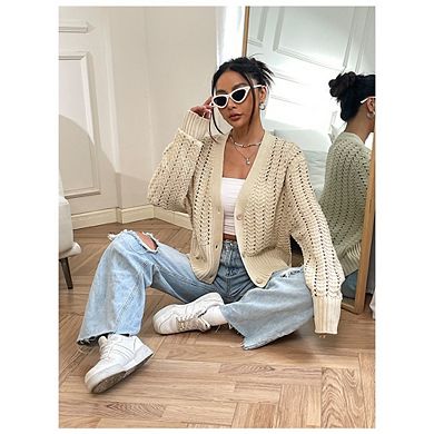 Womens Cardigan Sweater Hollow Out Long Sleeve Lightweight Soft Causal Open Front Knitted Sweater