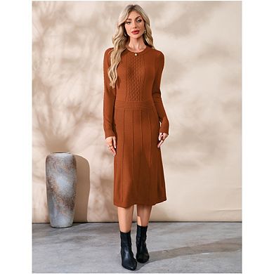 Women Pullover Sweaters Pleated Dress Long Sleeve Casual Round Neck Fall Midi Dresses