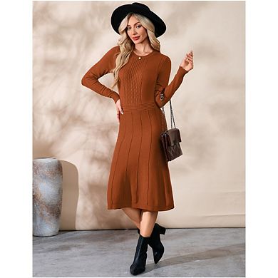 Women Pullover Sweaters Pleated Dress Long Sleeve Casual Round Neck Fall Midi Dresses