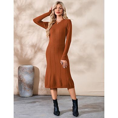 Women Pullover Sweaters Pleated Dress Long Sleeve Casual Round Neck Fall Midi Dresses