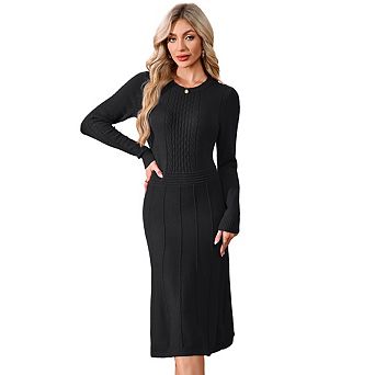 Women Pullover Sweaters Pleated Dress Long Sleeve Casual Round Neck Fall Midi Dresses