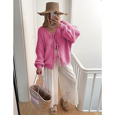 Womens Tie Front Bow Cardigan Sweaters Chunky Knit Long Puff Sleeve Trendy Fall Winter Jacket Coats