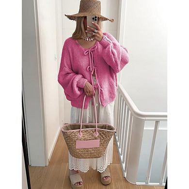 Womens Tie Front Bow Cardigan Sweaters Chunky Knit Long Puff Sleeve Trendy Fall Winter Jacket Coats