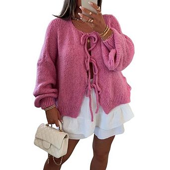 Womens Tie Front Bow Cardigan Sweaters Chunky Knit Long Puff Sleeve Trendy Fall Winter Jacket Coats