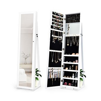 Standing Lockable Jewelry Storage Organizer with Full-Length Mirror-White