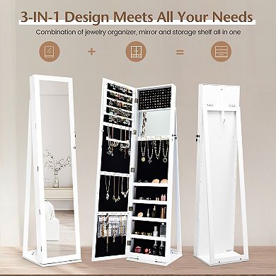 Standing Lockable Jewelry Storage Organizer with Full-Length Mirror-White
