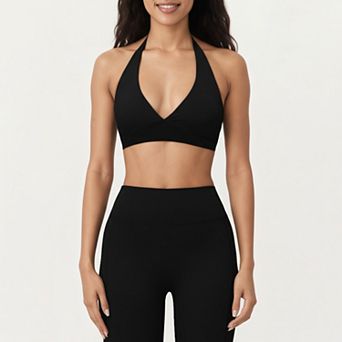 Women's Halter Neck Sports Bra with Deep V-Front, Wide Underband Support
