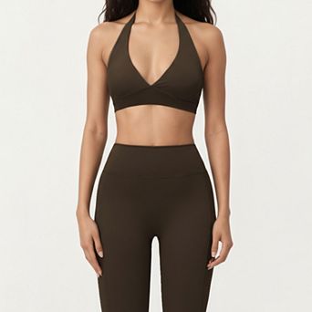 Women's Halter Neck Sports Bra with Deep V-Front, Wide Underband Support