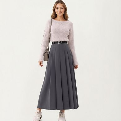 Women's High Waist Pleated Maxi Skirt with Belted Waist and Flowing Tailored Silhouette