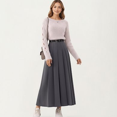 Women's High Waist Pleated Maxi Skirt with Belted Waist and Flowing Tailored Silhouette