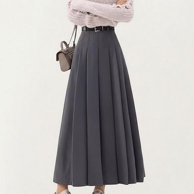 Women's High Waist Pleated Maxi Skirt with Belted Waist and Flowing Tailored Silhouette