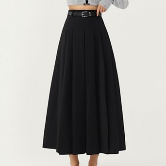 Women's High Waist Pleated Maxi Skirt with Belted Waist and Flowing Tailored Silhouette