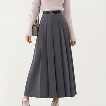 Women's High Waist Pleated Maxi Skirt with Belted Waist and Flowing Tailored Silhouette
