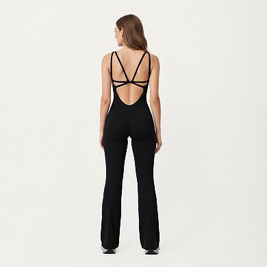 Women's Scoop Neck Flare Leg One-Piece Activewear Jumpsuit with Contoured Fit