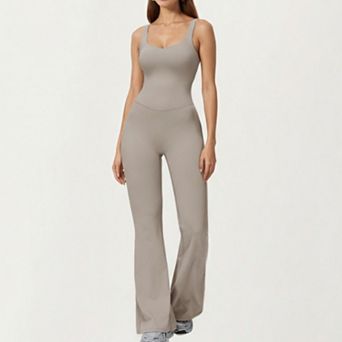 Women's Scoop Neck Flare Leg One-Piece Activewear Jumpsuit with Contoured Fit