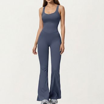 Women's Scoop Neck Flare Leg One-Piece Activewear Jumpsuit with Contoured Fit