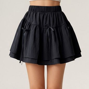 Women's Tiered Mini Skirt with Layered Ruffle Hem and Delicate Bow Accents in Lightweight Fabric