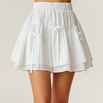 Women's Tiered Mini Skirt with Layered Ruffle Hem and Delicate Bow Accents in Lightweight Fabric