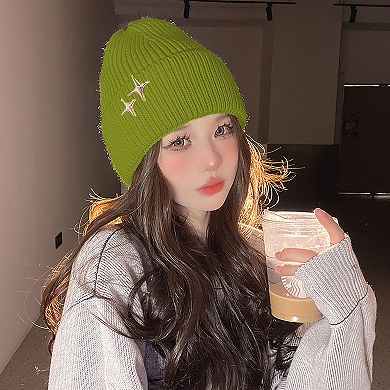 Women's Coral Knitted Beanie with Star Embroidery - Stylish & Warm Winter Hat