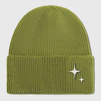 Women's Coral Knitted Beanie with Star Embroidery - Stylish & Warm Winter Hat