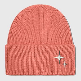 Women's Coral Knitted Beanie with Star Embroidery - Stylish & Warm Winter Hat