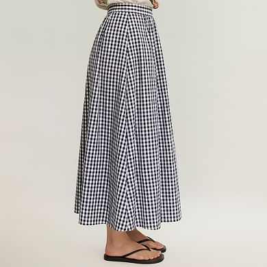Women's Gingham Pattern Maxi Skirt with Full Gathered Silhouette and Soft Flowing Fabric Design