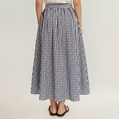 Women's Gingham Pattern Maxi Skirt with Full Gathered Silhouette and Soft Flowing Fabric Design