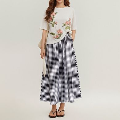 Women's Gingham Pattern Maxi Skirt with Full Gathered Silhouette and Soft Flowing Fabric Design