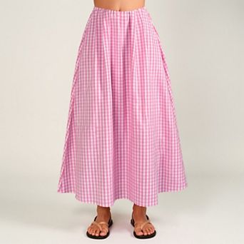 Women's Gingham Pattern Maxi Skirt with Full Gathered Silhouette and Soft Flowing Fabric Design