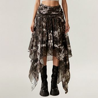 Women's Asymmetrical Floral Chiffon Midi Skirt with Draped Waist and Layered Handkerchief Hem