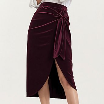 Women's Velvet Wrap Midi Skirt with Soft Draped Texture Elegant Side Tie Detail