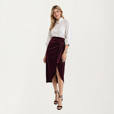 Women's Velvet Wrap Midi Skirt with Soft Draped Texture Elegant Side Tie Detail