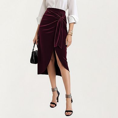 Women's Velvet Wrap Midi Skirt with Soft Draped Texture Elegant Side Tie Detail