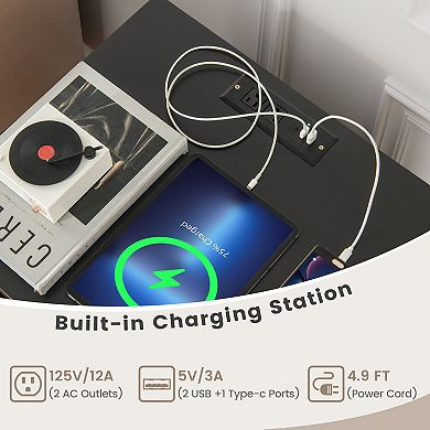 Record Player Stand with Record Storage Shelf and Charging Station-Black