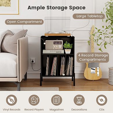 Record Player Stand with Record Storage Shelf and Charging Station-Black