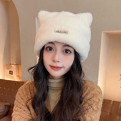 Women's Fuzzy Cat Ear Beanie - Soft Plush Winter Hat