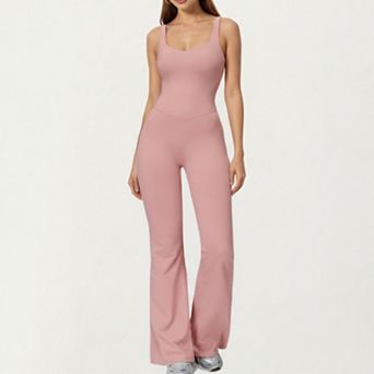 Women's Scoop Neck Flare Leg One-Piece Activewear Jumpsuit with Contoured Fit