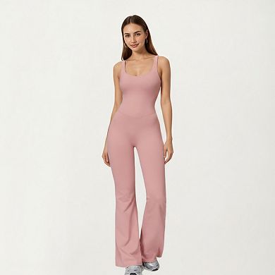 Women's Scoop Neck Flare Leg One-Piece Activewear Jumpsuit with Contoured Fit