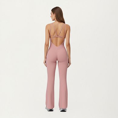 Women's Scoop Neck Flare Leg One-Piece Activewear Jumpsuit with Contoured Fit