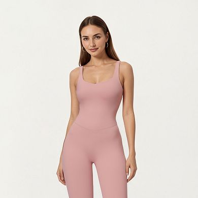 Women's Scoop Neck Flare Leg One-Piece Activewear Jumpsuit with Contoured Fit