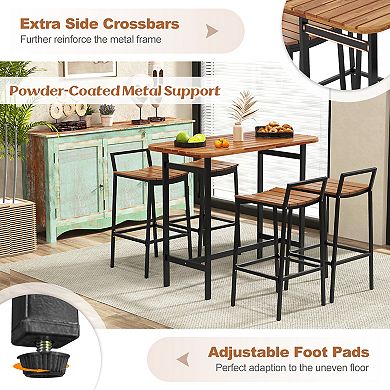5 Piece Acacia Wood Bar Table Set Bar Height Table and Chairs with Metal Frame and Footrest