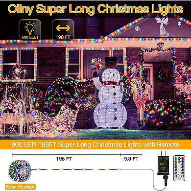 Ollny 600 LED 198ft Multicolor IP67 Waterproof Christmas Lights (Green Wire, Plug in, 8 Modes)